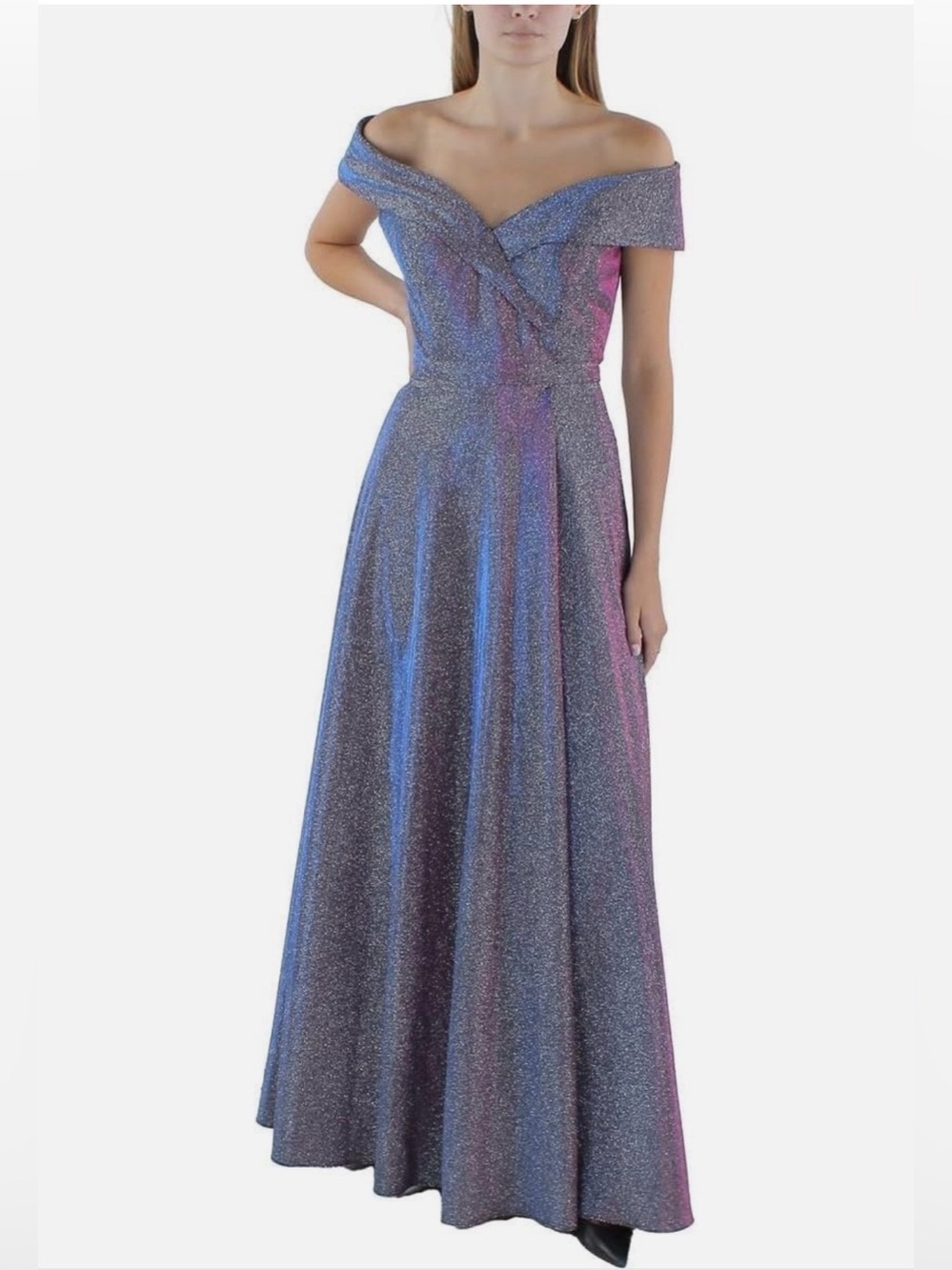 Xscape $299 Glitter Off the Shoulder Full Length Gown 10 Shimmer Lavender Formal